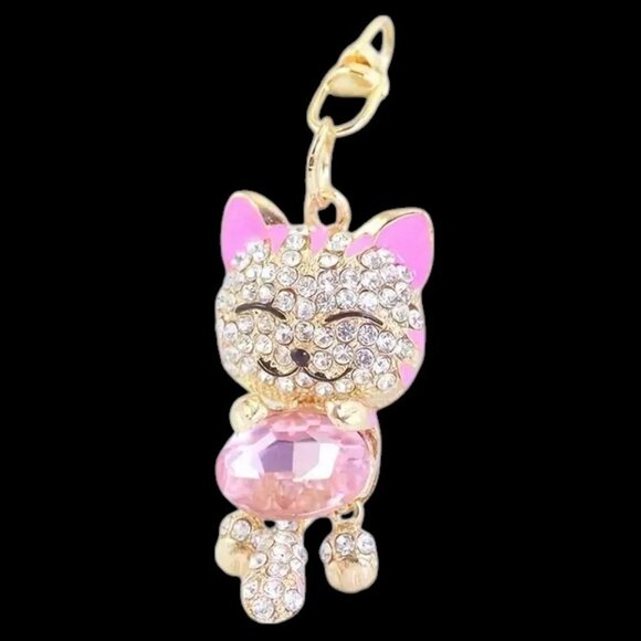 Handbags - Light Pink Rhinestone Cat Key Chain Bag Charm